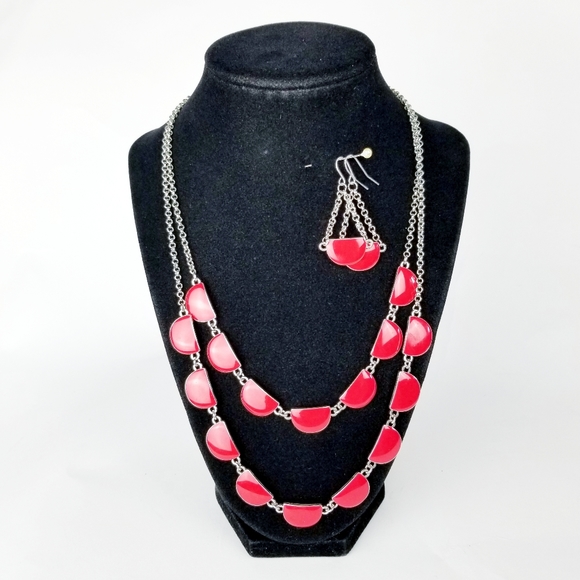 Retro Red Enamel & Silver Tone Necklace & Earrings - Picture 3 of 14